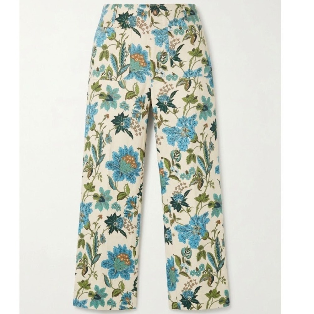 Gigio USA Floral Print High Rise Straight Leg Pants Cream Blue Size Large